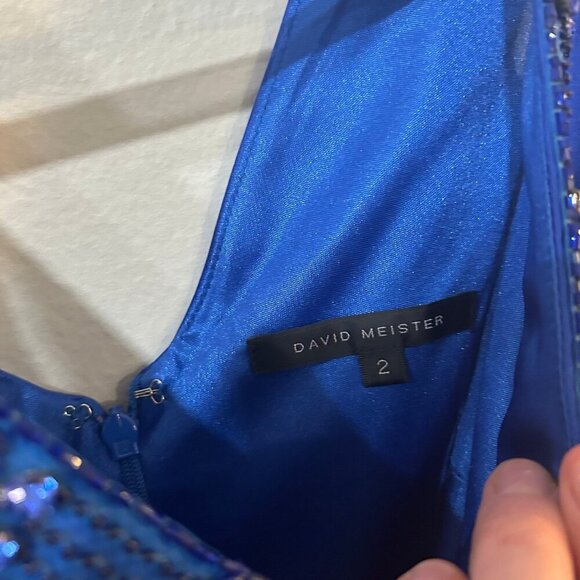 David Meister Royal Blue Satin Sequin Jewel Mini V-Neck Sleeveless Dress Size 2 - Picture 3 of 4